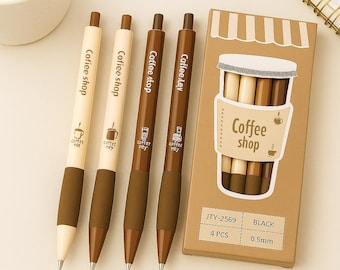 Bolígrafos de tinta negra con temática de café - Set de papelería de 4