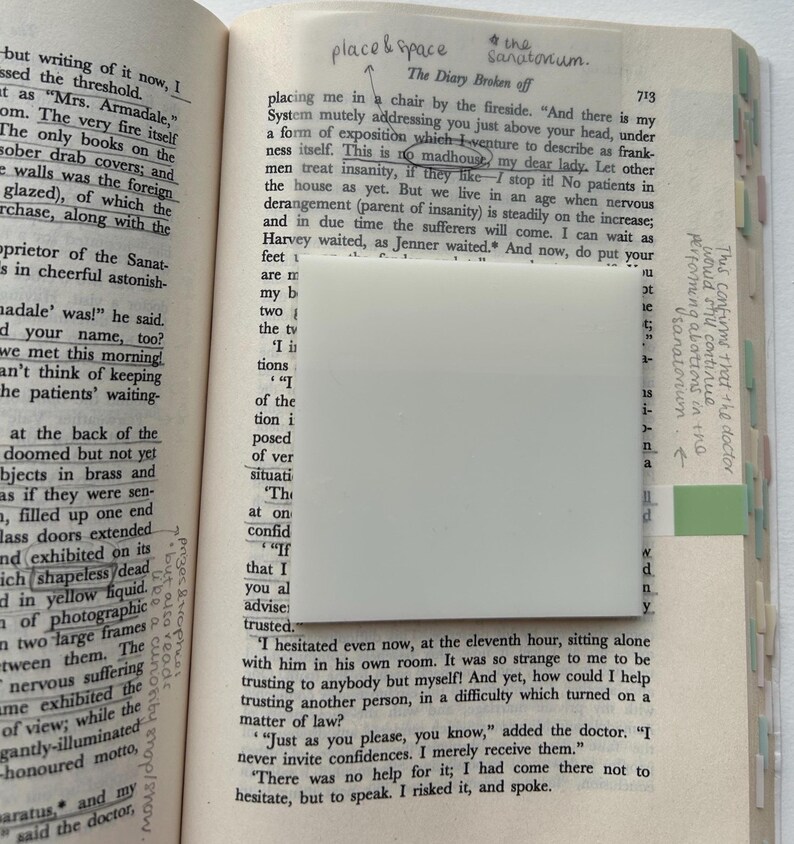 May include: A close-up of a page from a book with text about a mental asylum. The text reads "The Diary Broken off" and "This is no madhouse, my dear lady."