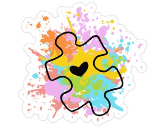Autism Awareness Puzzle Heart Sticker: Colorful Splat Vinyl Decal