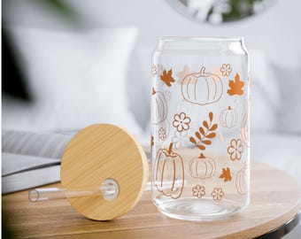 Fall Pumpkin Glass Cup: Floral Leaf Autumn Drinkware