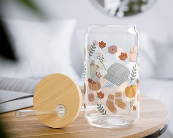 Cozy Fall Glass Cup Pumpkin Spice Latte Tumbler Autumn Drinkware