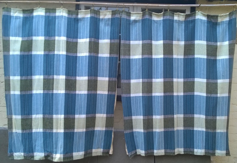 Mid Century Modern Plaid Bark Cloth Curtains Set Of 2 Etsy
