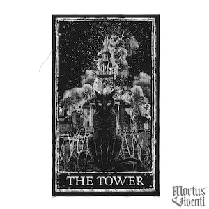 May include: Black and white tarot card illustration of The Tower card. The card depicts a black cat sitting in front of a burning building with a steeple. The text "THE TOWER" is printed at the bottom of the card.