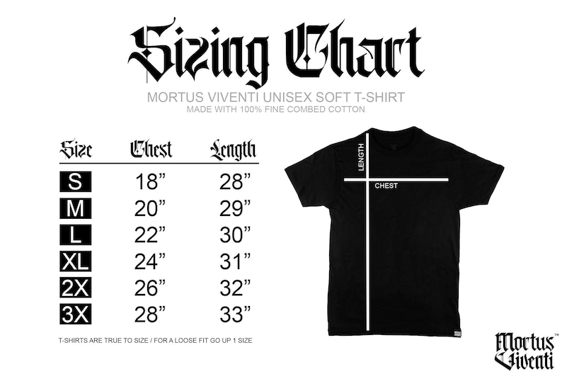 K&ouml;nnte beinhalten: Gr&ouml;&szlig;entabelle f&uuml;r Unisex-Soft-T-Shirts mit Ma&szlig;en in Zoll f&uuml;r Brustumfang und L&auml;nge. Die Gr&ouml;&szlig;en umfassen S, M, L, XL, 2X und 3X. Die Tabelle enth&auml;lt auch ein schwarzes T-Shirt mit markierten Ma&szlig;en f&uuml;r Brustumfang und L&auml;nge.