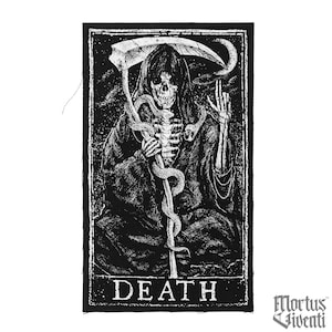 May include: Black and white illustration of Death, a skeletal figure in a hooded robe, holding a scythe and a snake. The image is framed in a black border and the word "DEATH" is printed below the figure. The text "Mortus Viventi" is printed in the lower right corner.
