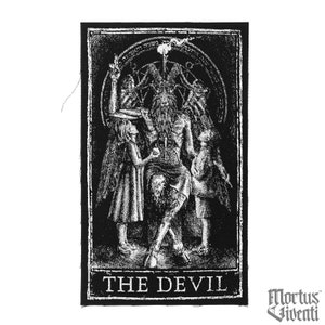 May include: Black and white embroidered patch of the Devil tarot card. The Devil is depicted as a horned figure with wings, sitting on a throne. Two figures are chained to the Devil, looking up at him. The text "THE DEVIL" is printed below the image. The patch is made of black fabric with white embroidery.