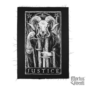 May include: Black and white embroidered patch with a skull-faced figure holding a scale and a sword. The figure is wearing a robe and has horns. The text "JUSTICE" is below the figure.