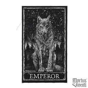 May include: Black and white illustration of a wolf sitting in a forest with a starry night sky. The image is framed with a black border and the word "EMPEROR" is printed at the bottom.
