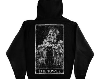 The Tower Tarot Card Hooded Zip Up, Dark Academia Hoodie, Black & White Sweatshirt