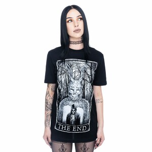 K&ouml;nnte beinhalten: Schwarzes T-Shirt mit einem wei&szlig;en Grafikdruck eines Kaninchens mit Maske und einer Kapuzenfigur mit einem Skelett darunter. Die Grafik ist in einem schwarzen Rechteck mit dem Text "THE END" darunter gerahmt.