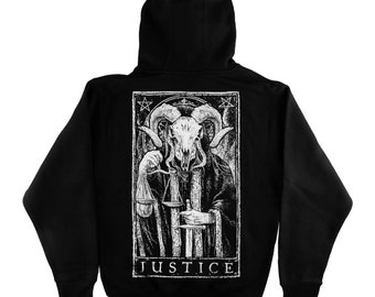 Justice Tarot Card Zip Up, Libra Zodiac Gift, Black & White Hooded Sweatshirt