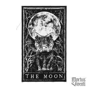 May include: Black and white tarot card patch with a black cat in front of a full moon. The card reads "THE MOON".
