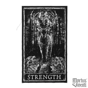 May include: A rectangular black and white fabric patch featuring a detailed illustration of a large deer with antlers standing in a forest, surrounded by several smaller animals at its feet, with the word STRENGTH printed at the bottom.