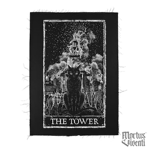 May include: Black and white embroidered patch with a black cat sitting in front of a burning building. The text "THE TOWER" is at the bottom of the patch.