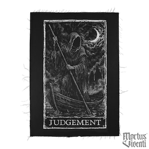May include: Black and white patch featuring a hooded figure in a boat, holding a long pole, under a crescent moon. The word "JUDGEMENT" is at the bottom. The patch has a frayed edge.