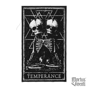 May include: Black and white embroidered patch with a skeleton figure in a meditative pose. The skeleton has two skulls for a head. The patch has a geometric design and the word "TEMPERANCE" at the bottom. The patch is labeled "Mortus Viventi".