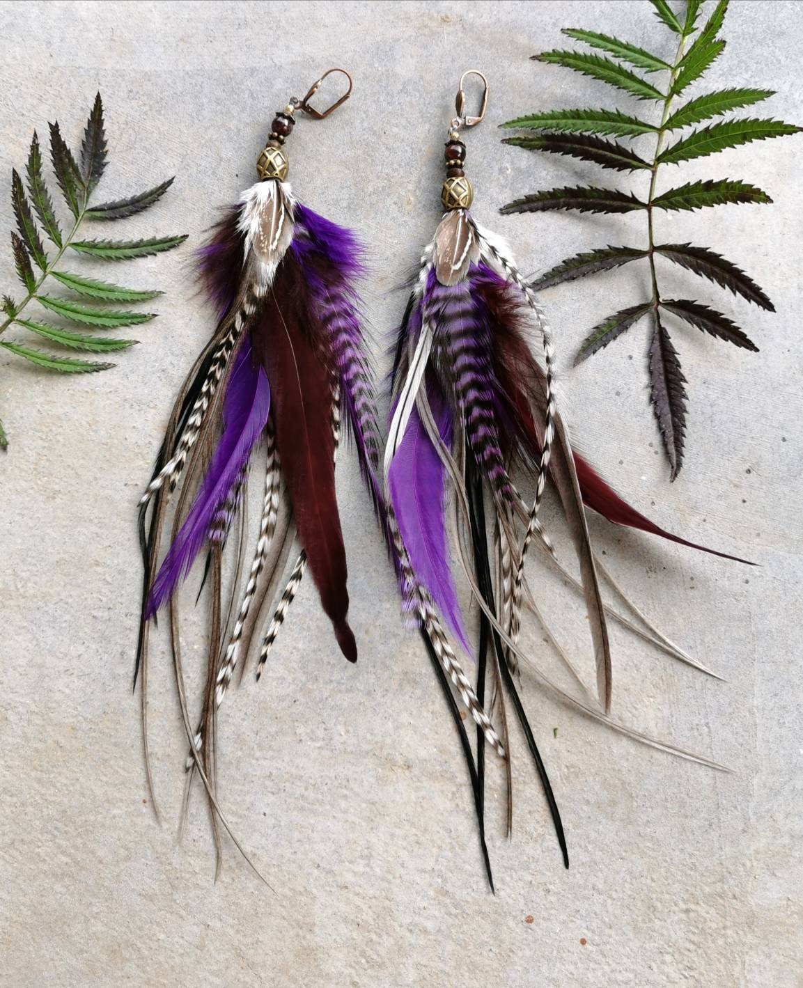 Purple feather earrings. Dangling feather earrings with Etsy