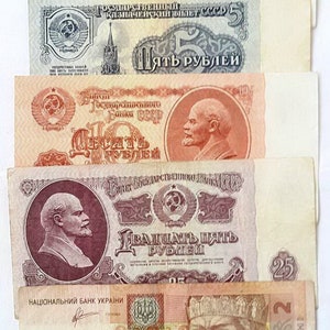 Lot von 5 UdSSR alte seltene Banknoten und 2 ukrainische Noten: 1,3,5,10,25 Rubel Sammler 1961 und 2 ukrainische Noten 1,2 Griwna
