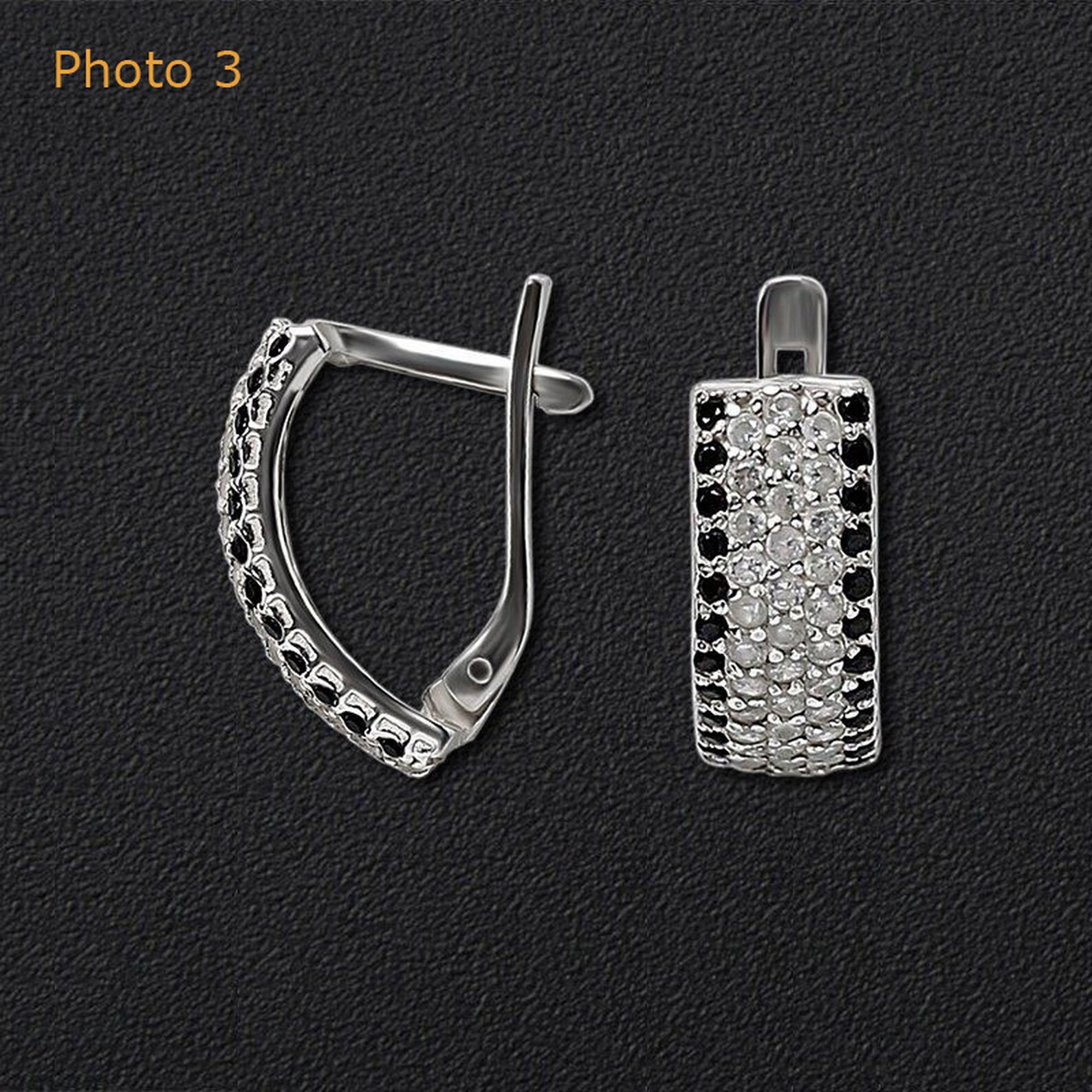 Silver latch back earrings with balck and white zirconias Etsy