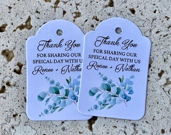 Etiquetas de regalo de agradecimiento para bodas: rama de olivo, eucalipto y vegetación. Gracias por compartir nuestro día especial con nosotros.