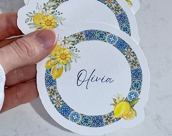 Tarjetas de lugar con nombre mediterráneo de limón / Círculo / Boda nupcial Baby Shower Fiesta de cumpleaños Ella encontró su amor platónico
