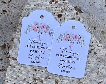 Etiquetas de regalo para bautizo, agradecimiento, guirnalda de flores, bautizo, comunión, confirmación, cruz rosa