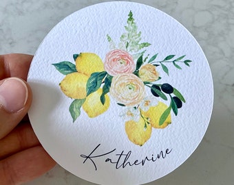 Lemon Name Place Cards + Flowers | Circle | Wedding, Bridal Baby Shower, Birthday Party | She Found Her Main Squeeze