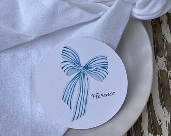 Ribbon Name Cards Wedding | Place Cards, Table Seating | Hens, Bridal Shower, Christening, Baptism | Circle | Blue Stripe Bow