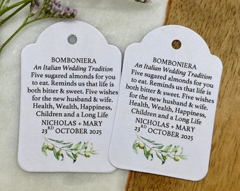 Bomboniera Włoska tradycja ślubna Tagi Pięć migdałów w cukrze Gałązka oliwna Eukaliptus