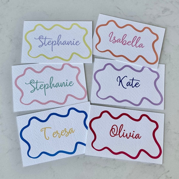 Wave Table Name Place Cards | Rectangle | Hens, Bridal Baby Shower, Birthday Party, Wedding | Squiggly Lines