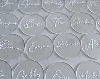 Tarjetas de lugar con nombre circular / Tarjetas acrílicas / Personalizadas, Invitados individuales / Tarjetas de lugar, Disposición de asientos / Bodas, Cumpleaños, Despedidas de soltera