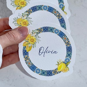 Lemon Mediterranean Name Place Cards | Circle | Wedding Bridal Baby Shower Birthday Party She Found Her Main Squeeze