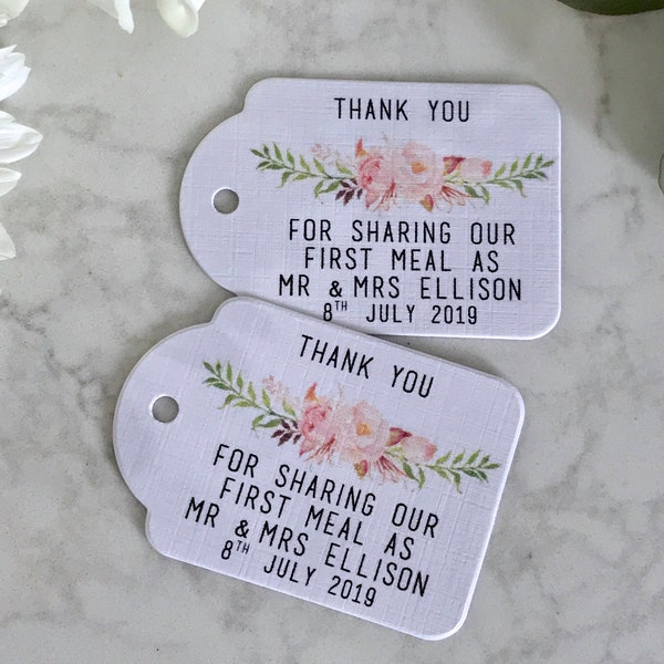 Thank You Sharing Our First Meal Together Mr & Mrs Floral Wedding Tags Botanical Wreath Personalised Custom