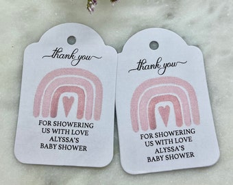 Etiquetas de agradecimiento para baby shower con texto en inglés "Love Baby Shower Tags Rainbow Pink Heart Boho Custom"