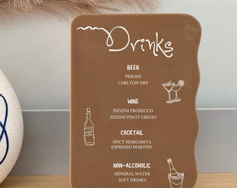 Squiggle Wave Drinks Menu Sign | Bar Sign | Wavy Wedding Sign | Acrylic | Wedding Sign | Table Signs | Hand-Drawn Illustrations | Doodle