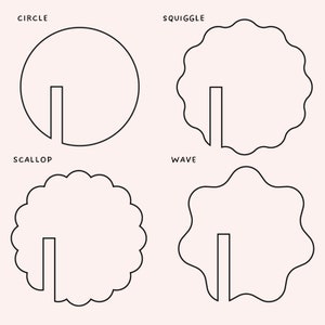 May include: Four different shapes, a circle, a squiggle, a scallop, and a wave, are shown with a vertical line in the center of each shape.