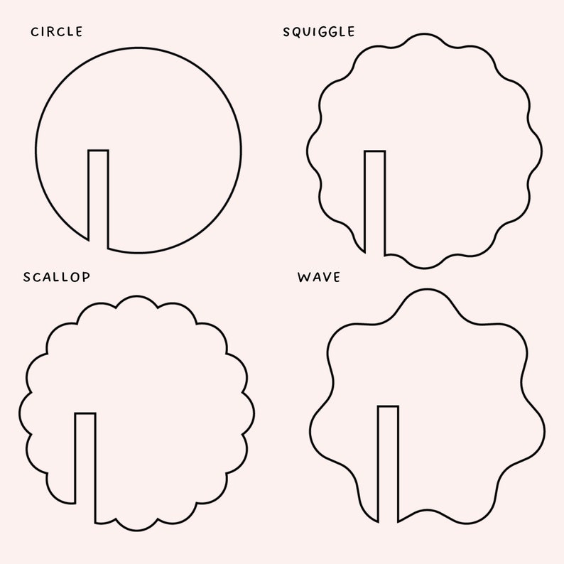 May include: Four different shapes, a circle, a squiggle, a scallop, and a wave, are shown with a vertical line in the center of each shape.