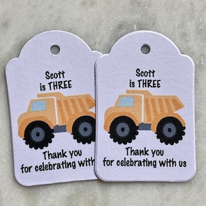 Construction Children's Birthday Party Tags Thank You Yellow Truck Personalised Custom