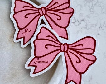 Tarjetas de lugar con lazo, lazos, tarjetas de nombre, despedidas de soltera, fiestas de cumpleaños, planos de asientos, tarjetas rosas