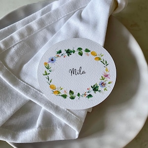 Wildflower Name Place Cards | Circle | Wedding ,Bridal Baby Shower, Birthday Party or Christening | Flower + Lemon Cards