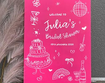 Bridal Shower Sign | Welcome Sign | Doodle, Handwritten, Illustrations | Candle, Ribbon, Fan, Champagne, Disco Ball | Hens | Cocktail Glass