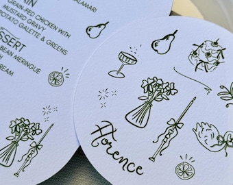 Hand Drawn Place Cards | Flowers, Swan, Candlestick | Name Card | Lemon, Wine Glass | Wedding, Hens Party, Bridal Shower | Birthday Party
