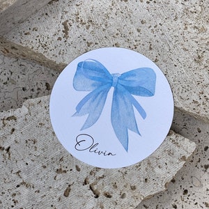 Ribbon Name Cards Wedding | Place Cards, Table Seating | Hens, Bridal Shower, Christening, Baptism | Circle | Blue Watercolour Bow