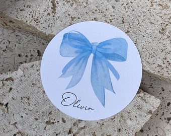 Ribbon Name Cards Wedding | Place Cards, Table Seating | Hens, Bridal Shower, Christening, Baptism | Circle | Blue Watercolour Bow