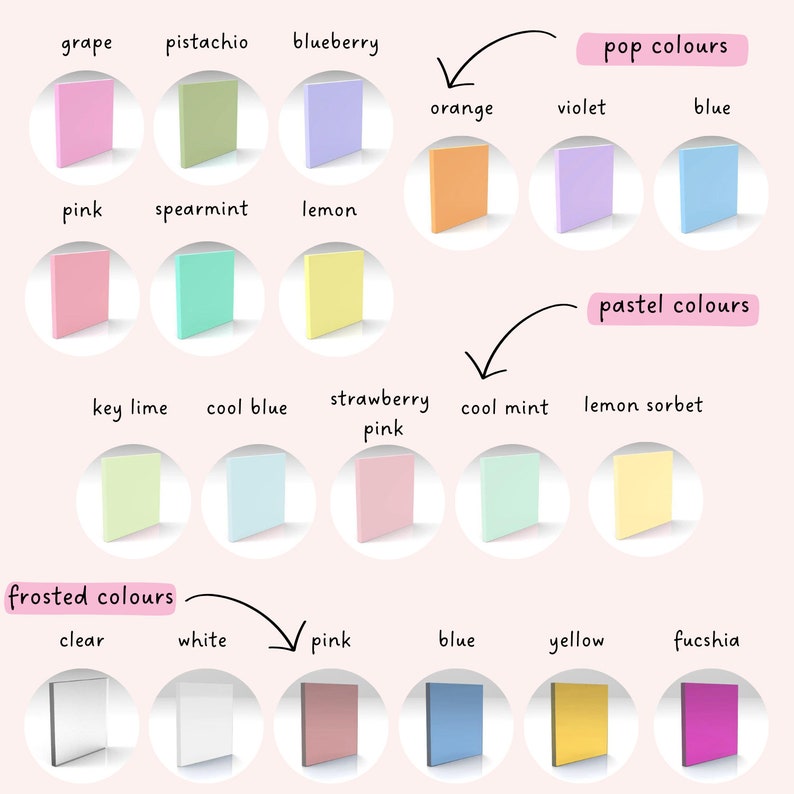 May include: A chart showing different color names and their corresponding color swatches. The colors are organized into three categories: pop colors, pastel colors, and frosted colors. The pop colors are bright and vibrant, the pastel colors are soft and muted, and the frosted colors are light and airy.
