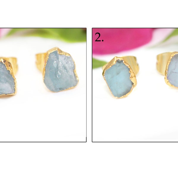 Natural Aqua Apatite Rough Stud Earrings, Raw Gemstone Earrings, Dainty Stud Earrings, Birthstone Aqua Apatite Stud Gold Electroplated Her