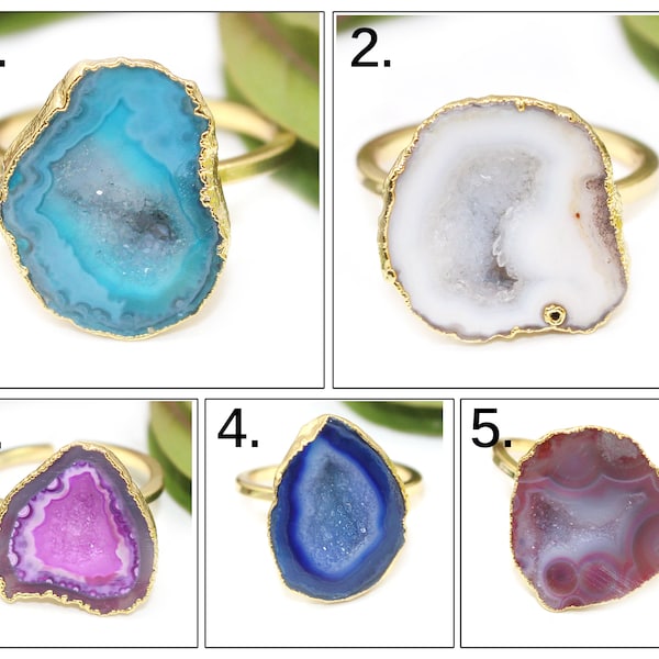 Geode Ring offene Ringe, natürliche Geode Druzy vergoldet verstellbare Ringe, Statement Ringe, Kristall Druzy Ring, Geschenk für ihren Single Stone Ring