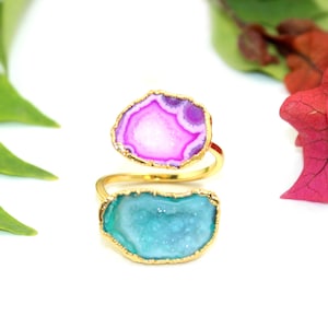Natural Geode Druzy Rings, Agate Geode Gold Plated Adjustable Rings, Statement Rings, Crystal Druzy Ring, Gift For Her Double Stone Ring