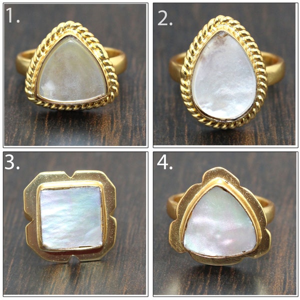 Natural Abalone Shell Rings, Mother Of Pearl Rings, Yellow Gold Plated Rings, Adjustable Rings Gifts For Her, Paua Shell Ring, Bohemian Ring