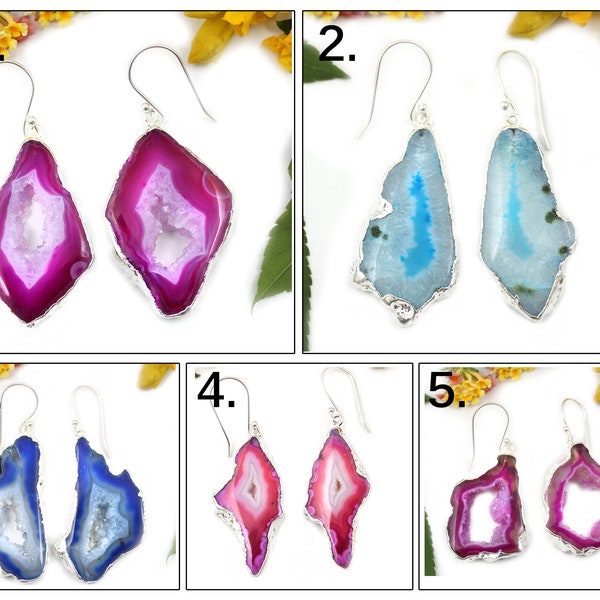 Milky Blue Agate Slice Earrings, Milky Pink Agate Geode Slice Earrings, Royal Skublue Agate Slice Earrings, Silver Electroplated Earring Her